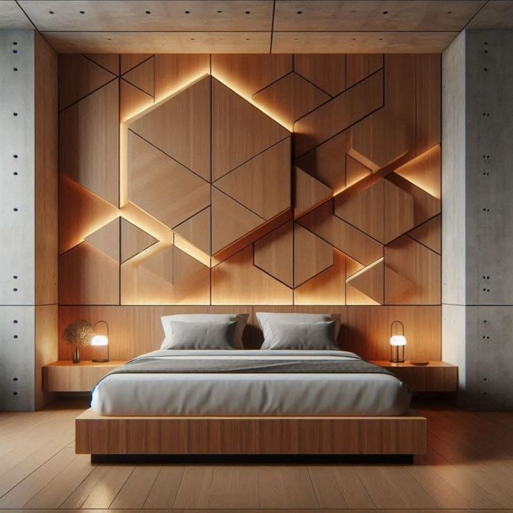 Contemporary interior featuring decorative wood and stone-inspired wall finishes