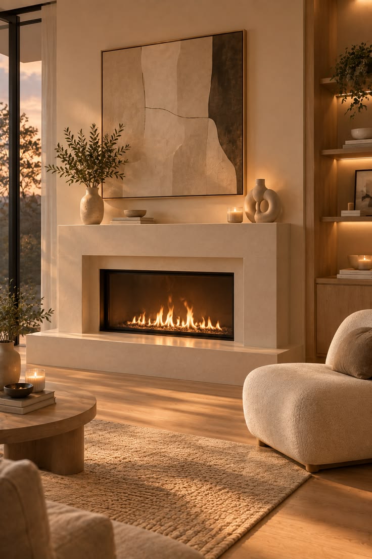 Sophisticated living room with a warm architectural focal point