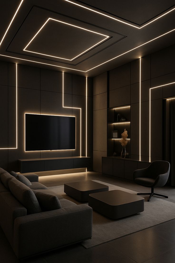 Contemporary interior with warm wood textures and decorative wall finishes