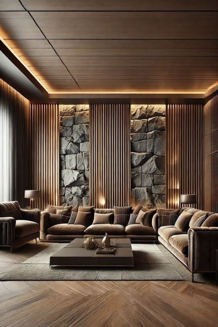 Premium PU rock panels with realistic stone texture in a modern interior