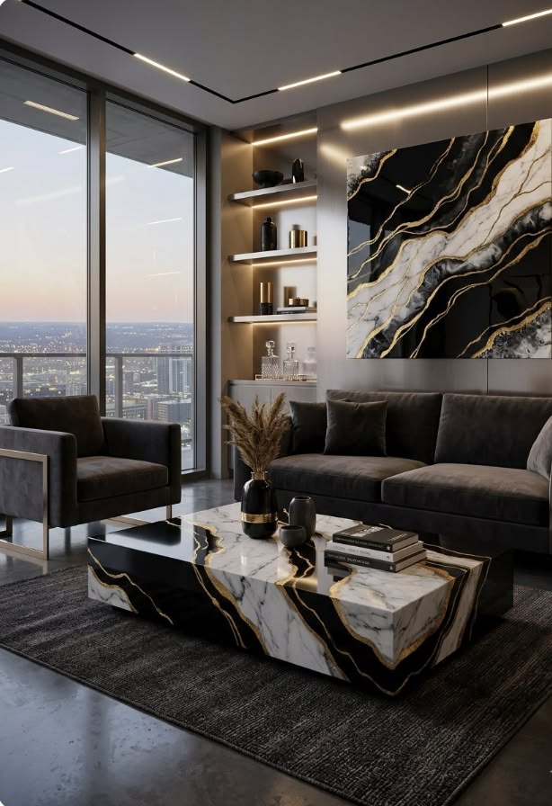 Elegant contemporary living room with refined stone-inspired surfaces