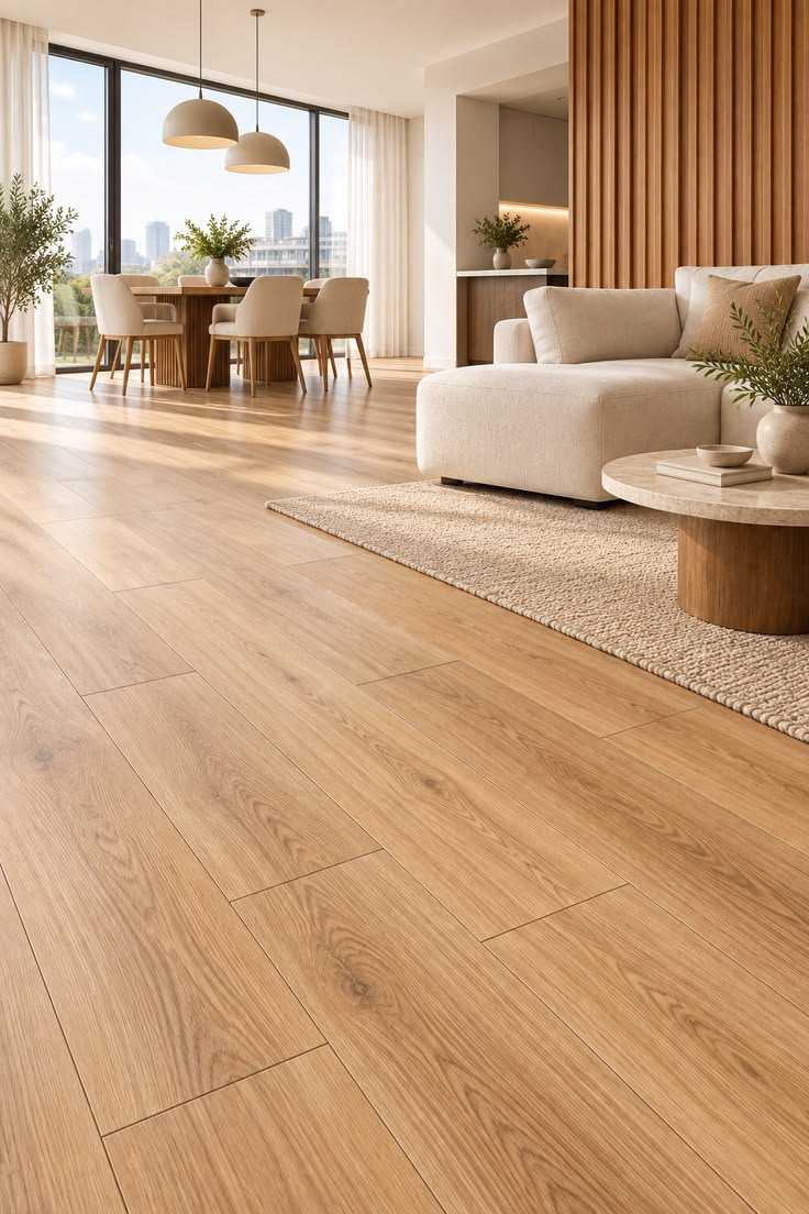 Modern SPC flooring with elegant wood-look finishes in a contemporary interior