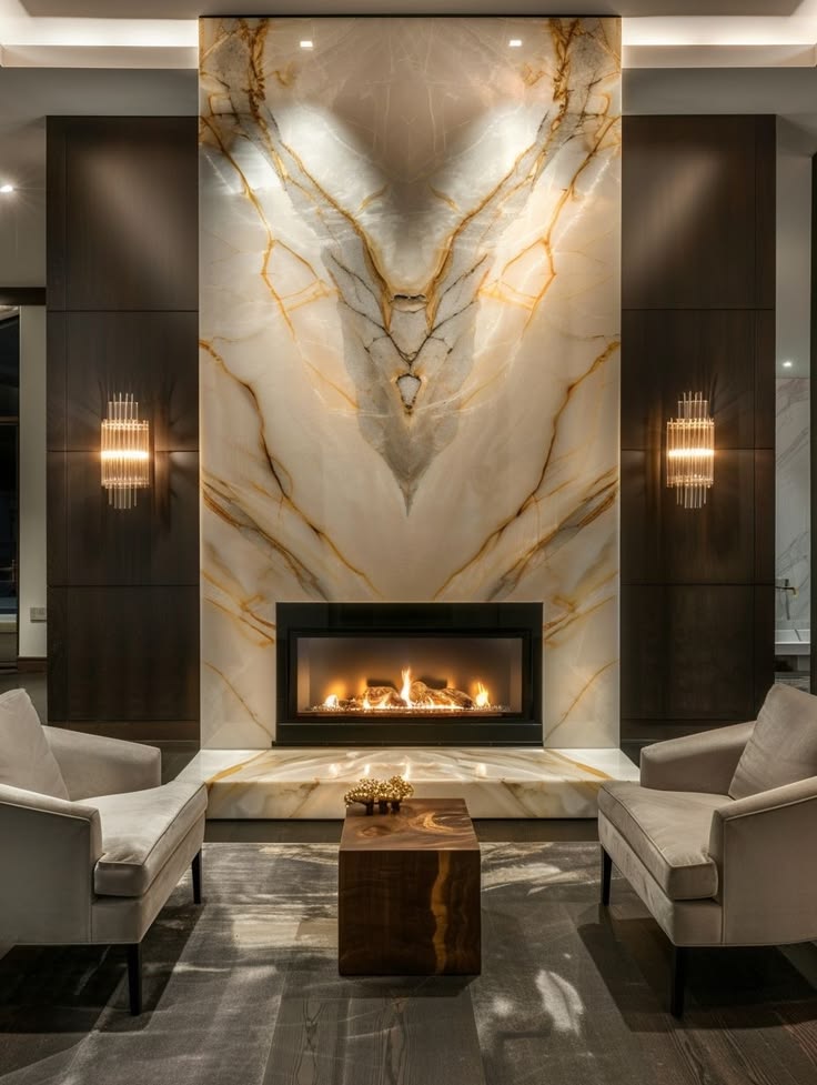 Elegant modern living room interior with sophisticated fireplace-inspired styling