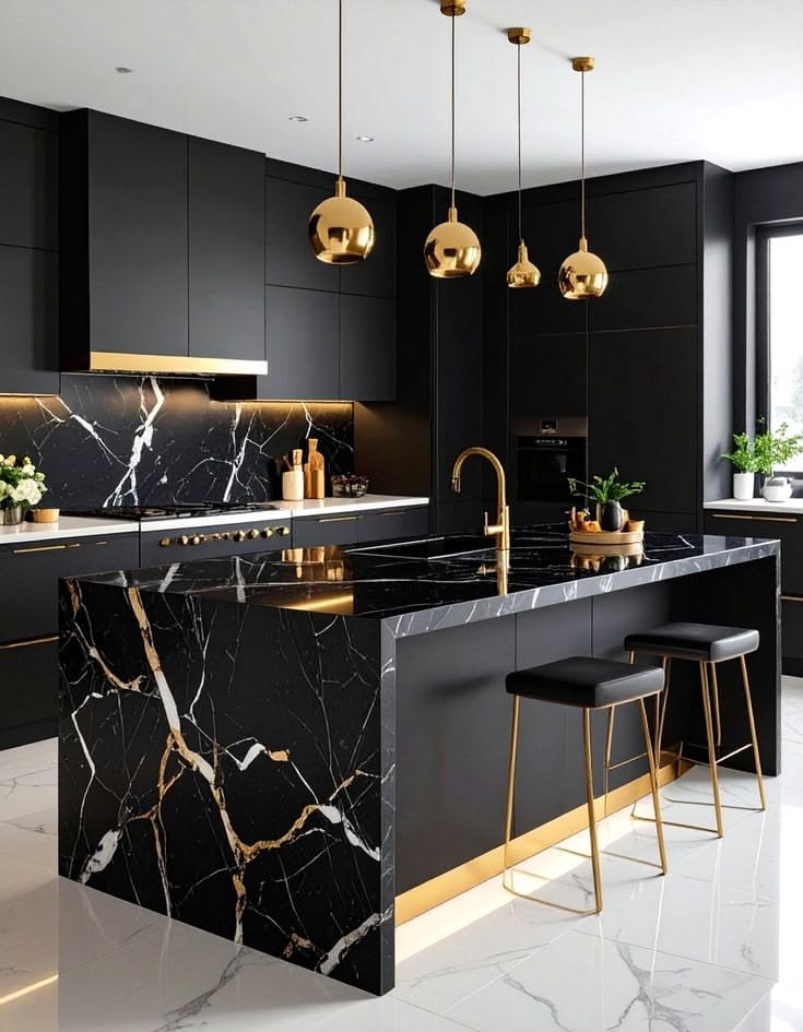 Luxury black and gold marble-inspired interior design