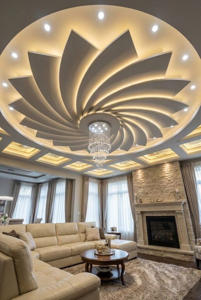 Luxury living room with modern ceiling and elegant lighting