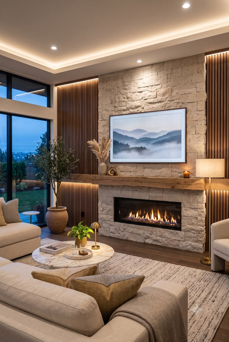 Elegant modern living room interior with premium fireplace-inspired styling